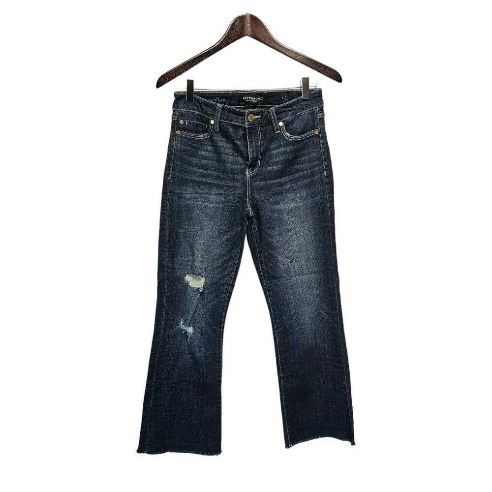 Liverpool The Crop Flare Jeans 2/26 Fray Hem Dark Wash High Rise - Picture 1 of 6